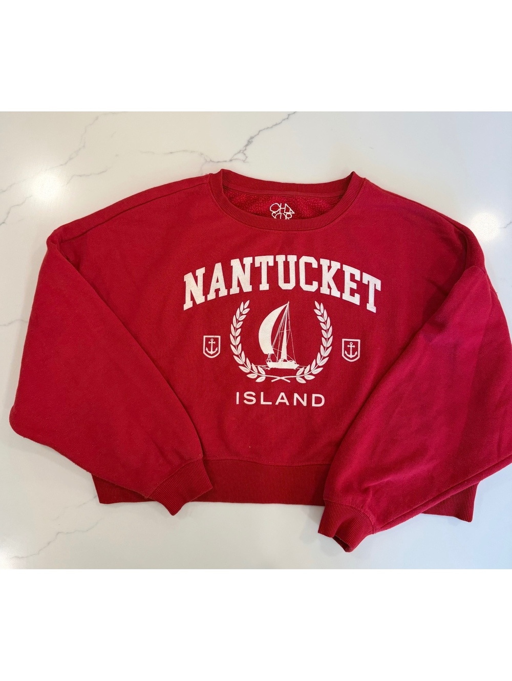 Womans Cha Sor Nantucket Island Cropped Crewneck Red Sweatshirt Size XS